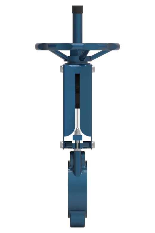 Knife gate valve model 101, DN50–DN1000, PN10–PN16, is designed for shut-off of media flow in industrial pipelines. It features a unidirectional O-ring seal.