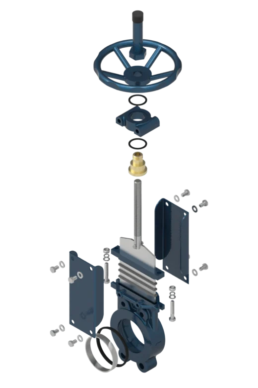 Knife gate valve model 101, DN50–DN1000, PN10–PN16, is designed for shut-off of media flow in industrial pipelines. It features a unidirectional O-ring seal.