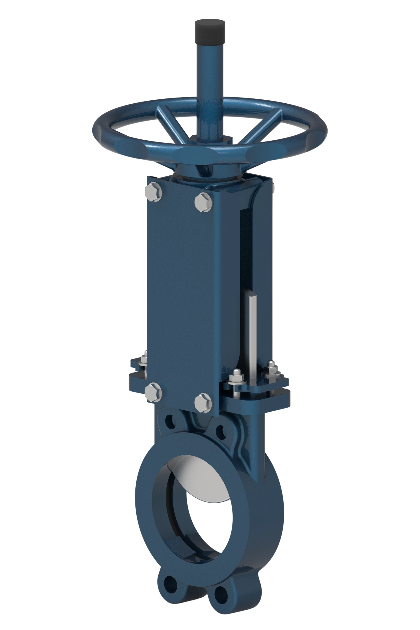 Knife gate valve model 101, DN50–DN1000, PN10–PN16, is designed for shut-off of media flow in industrial pipelines. It features a unidirectional O-ring seal.
