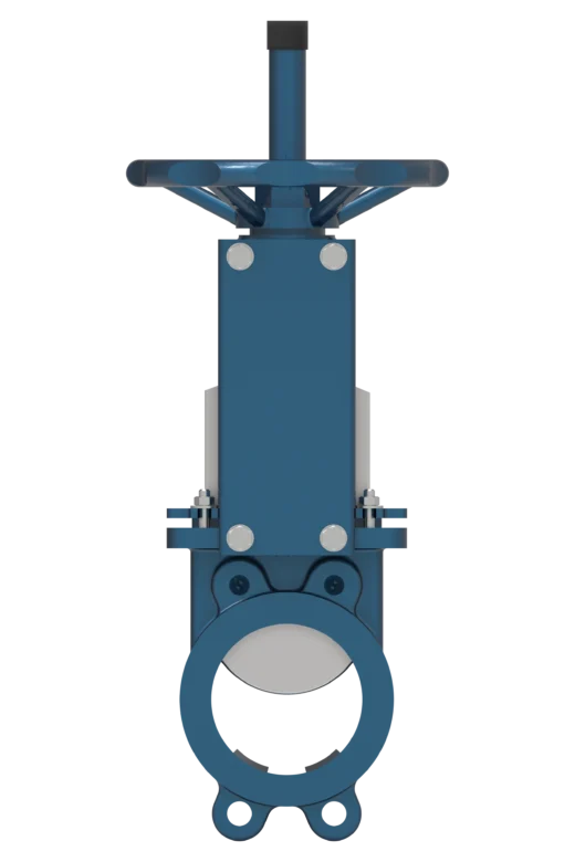 Knife gate valve model 103, DN50–DN1000, PN10–PN16, has a cast monolithic (non-dismountable) body, is equipped with a U-type seat, and features bidirectional sealing.