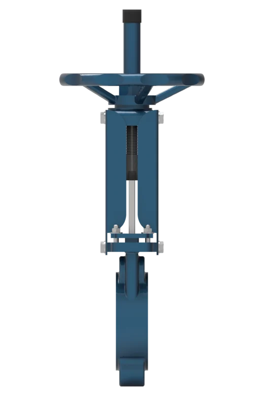 Knife gate valve model 103, DN50–DN1000, PN10–PN16, has a cast monolithic (non-dismountable) body, is equipped with a U-type seat, and features bidirectional sealing.