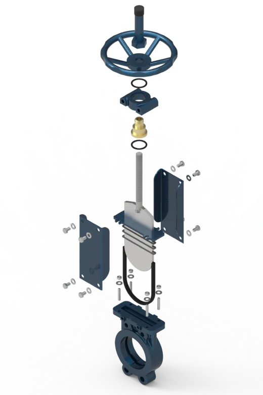 Zasuwa nożowa model 103 ma odlewany korpus monolityczny (nierozbieralny), wyposażona jest w siedzisko w kształcie litery „U” oraz posiada dwustronne uszczelnienie.