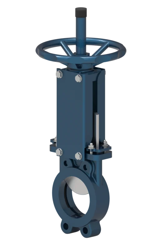 Knife gate valve model 103, DN50–DN1000, PN10–PN16, has a cast monolithic (non-dismountable) body, is equipped with a U-type seat, and features bidirectional sealing.