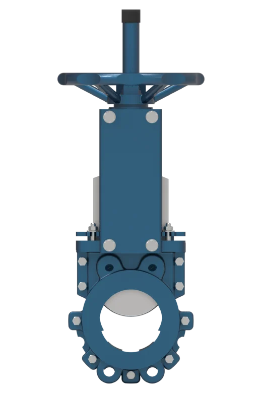 Knife gate valve model 104 in sizes DN50–DN1000, with a pressure rating of PN10/PN16, featuring a two-piece body construction and a U-type seat.
