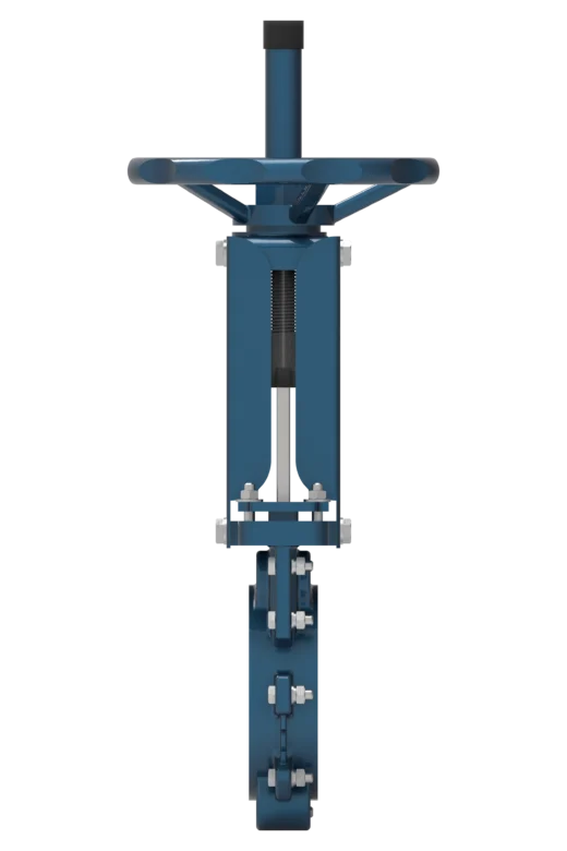Knife gate valve model 104 in sizes DN50–DN1000, with a pressure rating of PN10/PN16, featuring a two-piece body construction and a U-type seat.