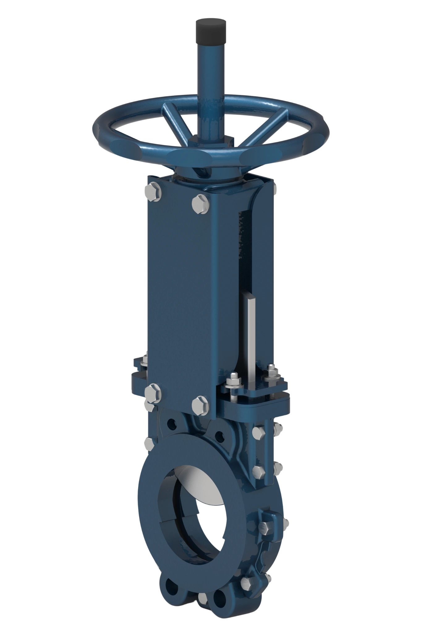 Knife gate valve model 104 in sizes DN50–DN1000, with a pressure rating of PN10/PN16, featuring a two-piece body construction and a U-type seat.